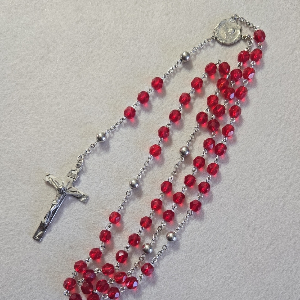 Catholic Sterling Silver Rosary Red Czech Glass Beads